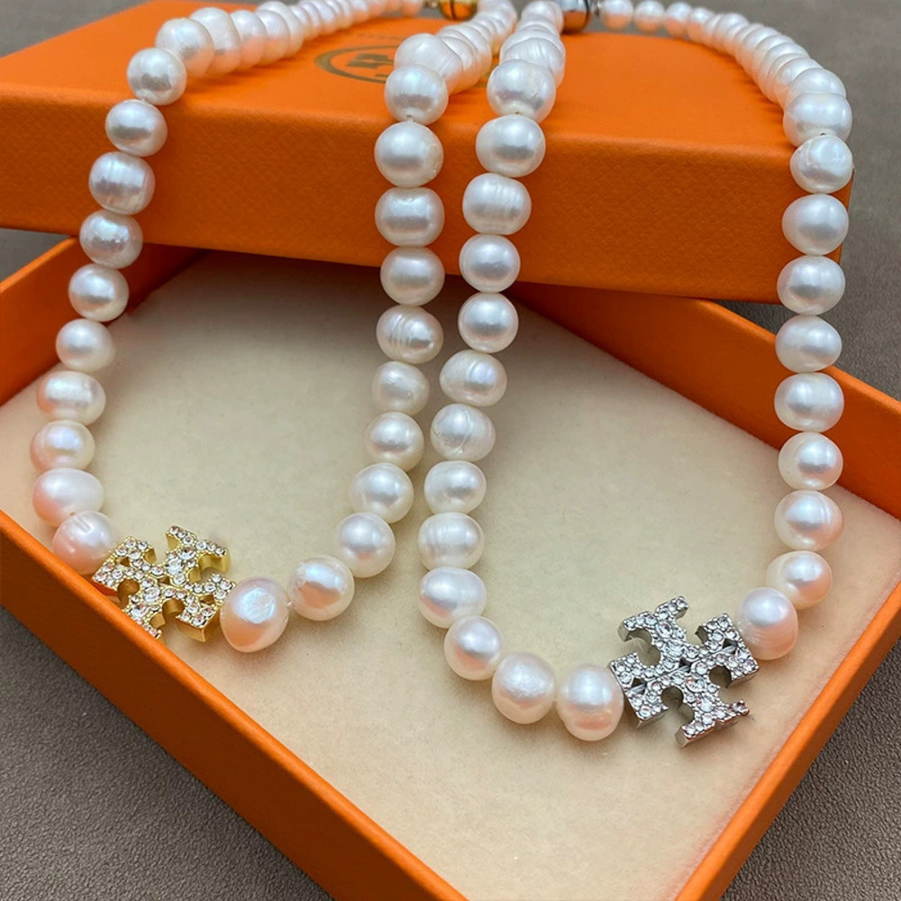 Tory Burch Gold Plated Double Natural Pearl Necklace with Rhinestone